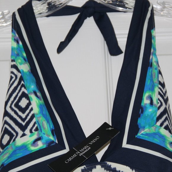 Carmen Marc Valco NWT Halter V-Neck Printed Tankini Top Swim Blue White Green S - Picture 7 of 8